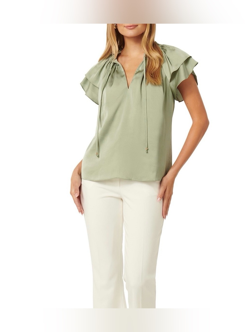 Ruffle Sleeve Olive Green Tie-Neck Blouse